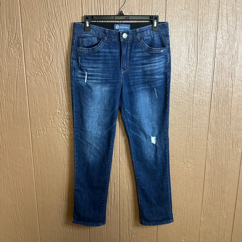 Democracy Ab Solution High Rise Distressed Blue Denim Skinny Jeans 6 Blue Cotton